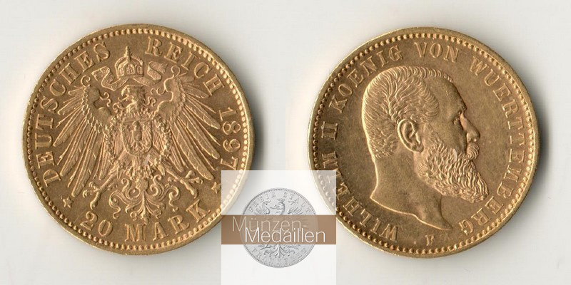Deutsches Kaiserreich - Württemberg MM-Frankfurt Feingold: 7,17g Wilhelm II., 20 Mark 1897 F 