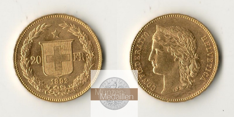 Schweiz MM-Frankfurt Feingold: 5,81g 20 sFR (Helvetia) 1892 