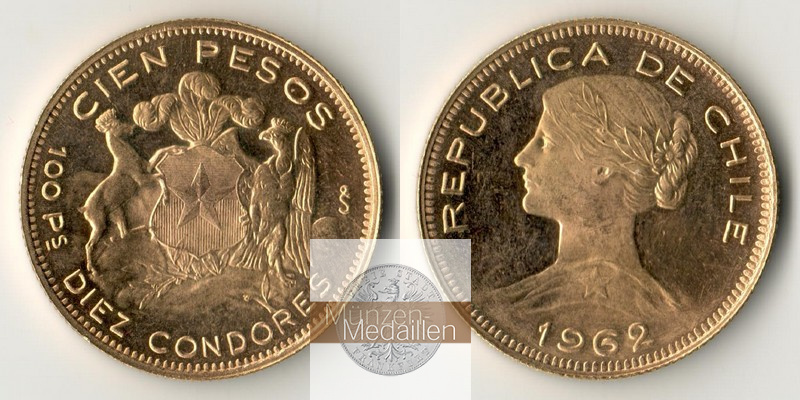 Chile MM-Frankfurt  Feingold: 18,30g 100 Pesos 1962 