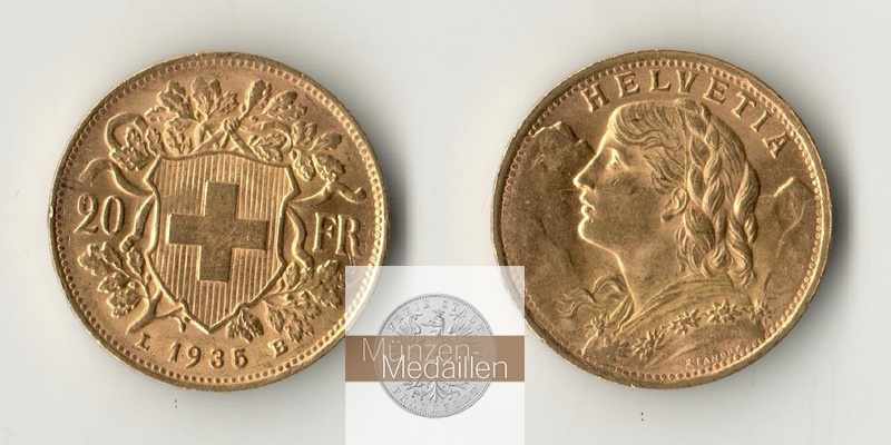 Schweiz MM-Frankfurt Feingold: 5,81g 20sFR (Vreneli) 1935 B 