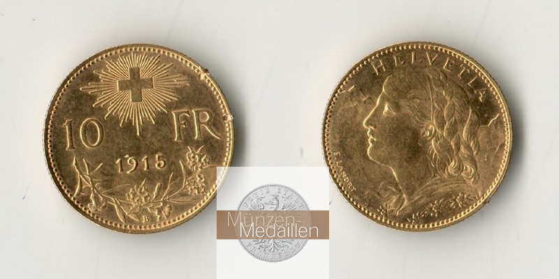 Schweiz  10 sFR  1915 MM-Frankfurt Feingold: 2,90g 1/2 Vreneli  
