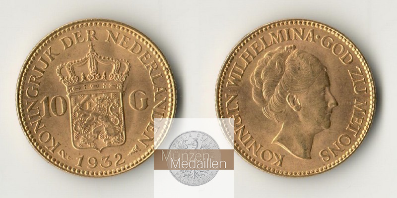 Niederlande MM-Frankfurt  Feingeold: 6,06g 10 Gulden 1932 