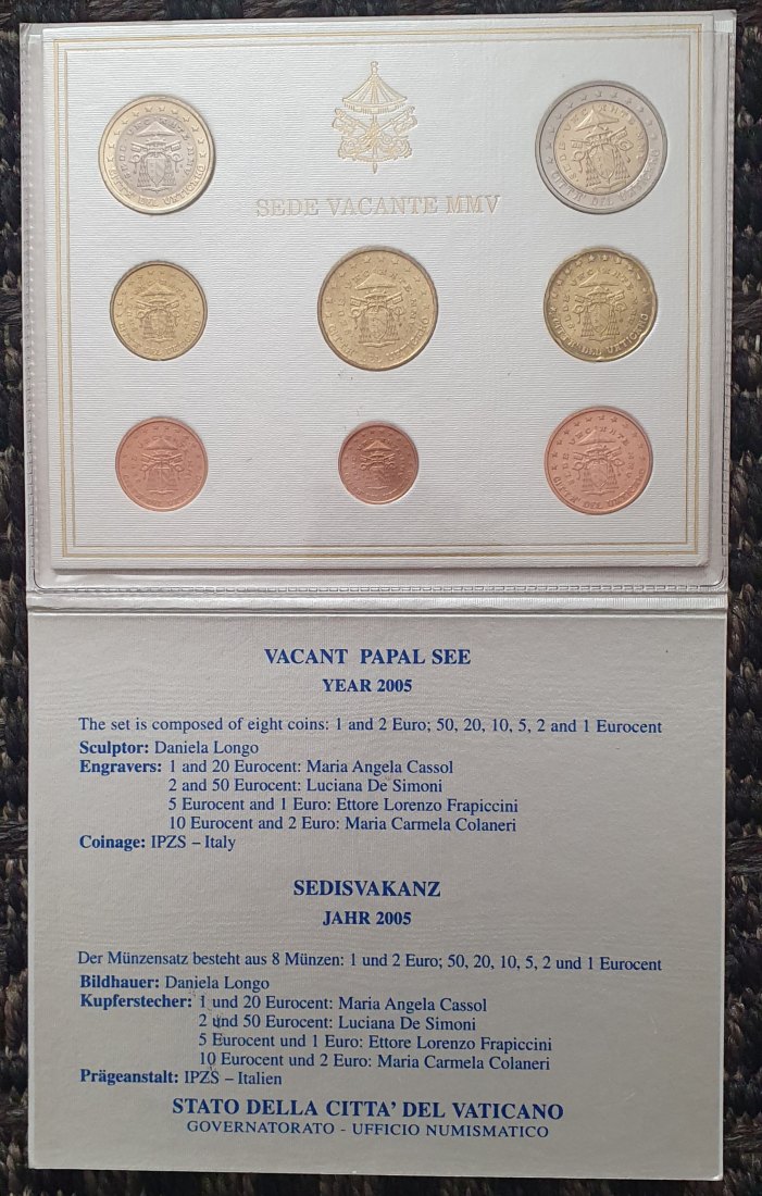  Vatikan 2005, originaler KMS Sede Vacante im weißen Folder, 8 Münzen zu 3,88 €, Stempelglanz (ST)   