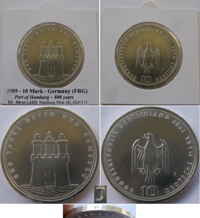  1989-Germany-10 Mark (J)- 800 years Port of Hamburg-silver coin-BU   