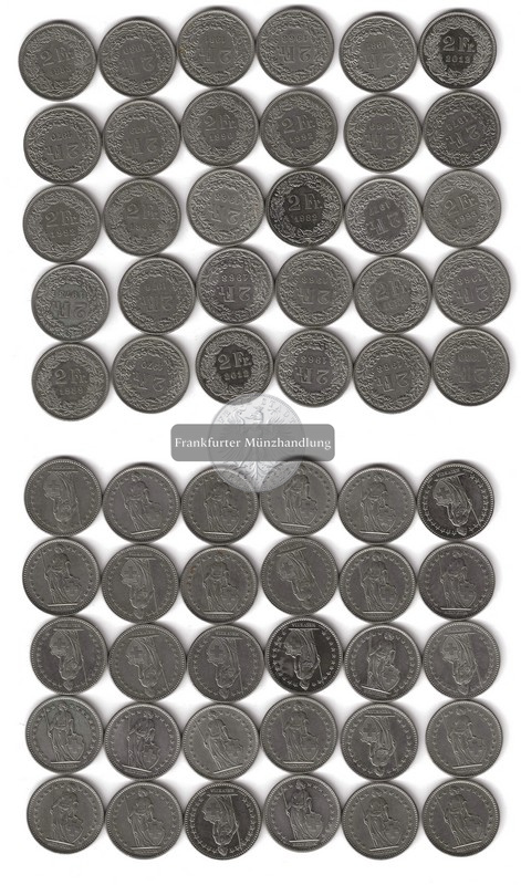  Schweiz, 30x  2 Franken  verschiedene Jgg B  FM-Frankfurt  Kupfer-Nickel   