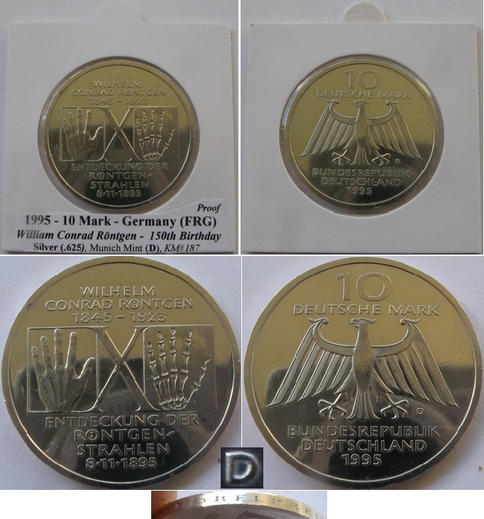  1995-Deutschland-10 Mark (D)-William Conrad Röntgen-Silbermünze-PP   