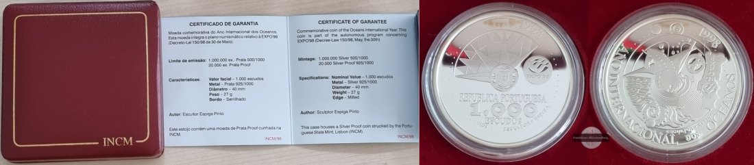  Portugal  1000 Escudos  1998  FM-Frankfurt  Feingewicht: 24,98g Silber  vorzüglich   