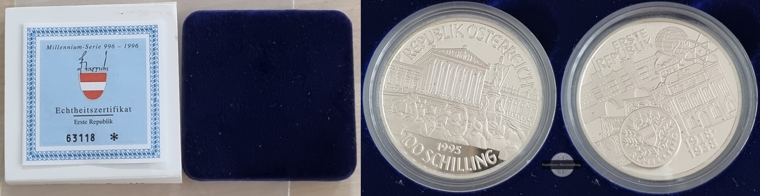  Österreich, 100 Schilling 1995 Erste Republik FM-Frankfurt  Feinsilber: 18g   