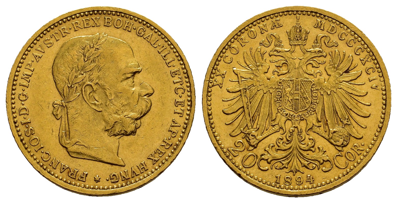 PEUS 1143 Österreich 6,10 g Feingold. Franz Joseph I. (1848 - 1916) 20 Kronen GOLD 1894 Sehr schön