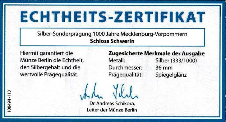  Medaille o.J. Münze Berlin SCHLOSS SCHWERIN Mecklenburg - 14,7 g Silber Ag 333/1000   
