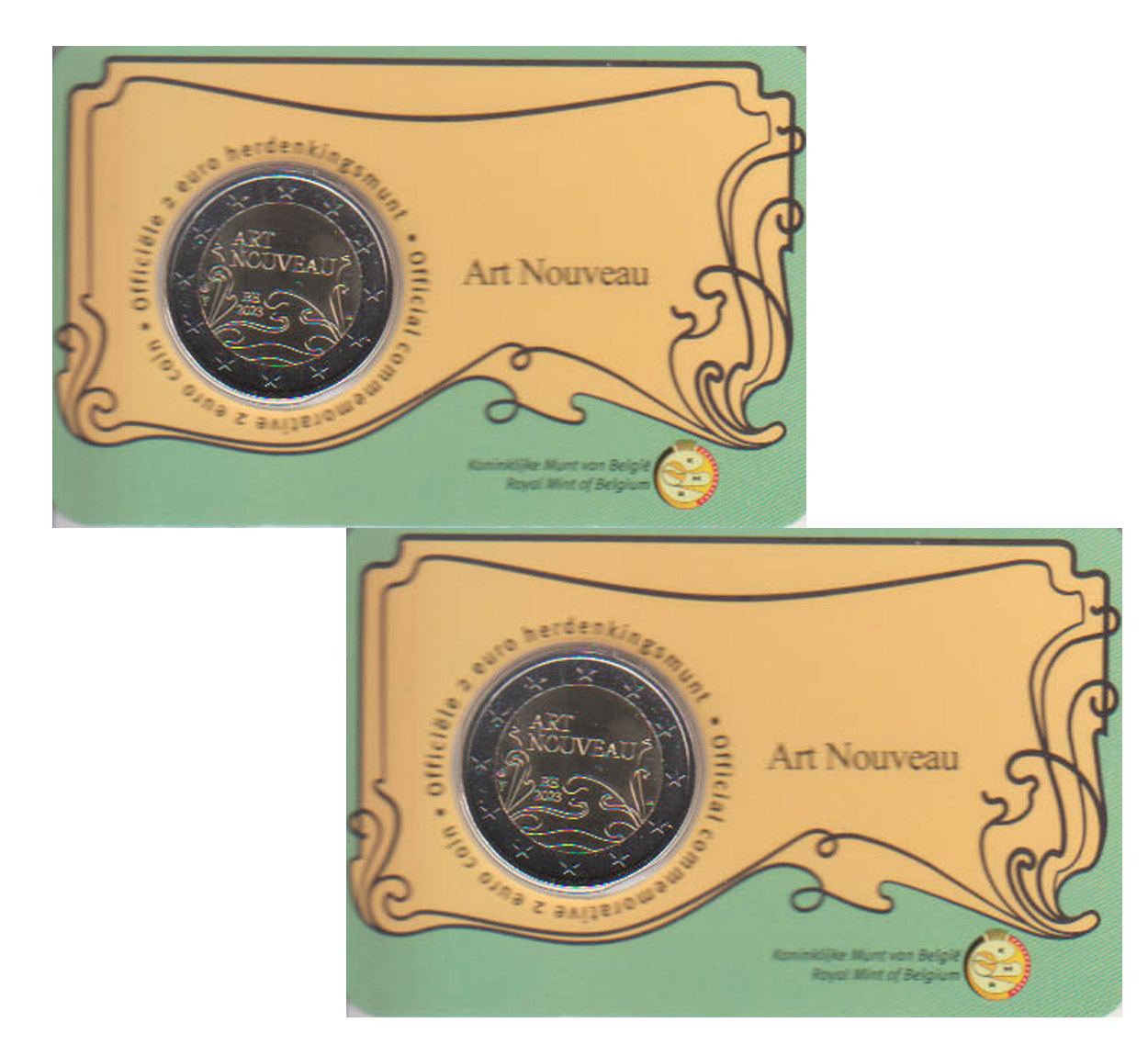  Offiz Coincard 2x 2-Euro-Sondermünze Belgien *Jugendstil - Art Nouveau* 2023 Ausgabe NL+F   