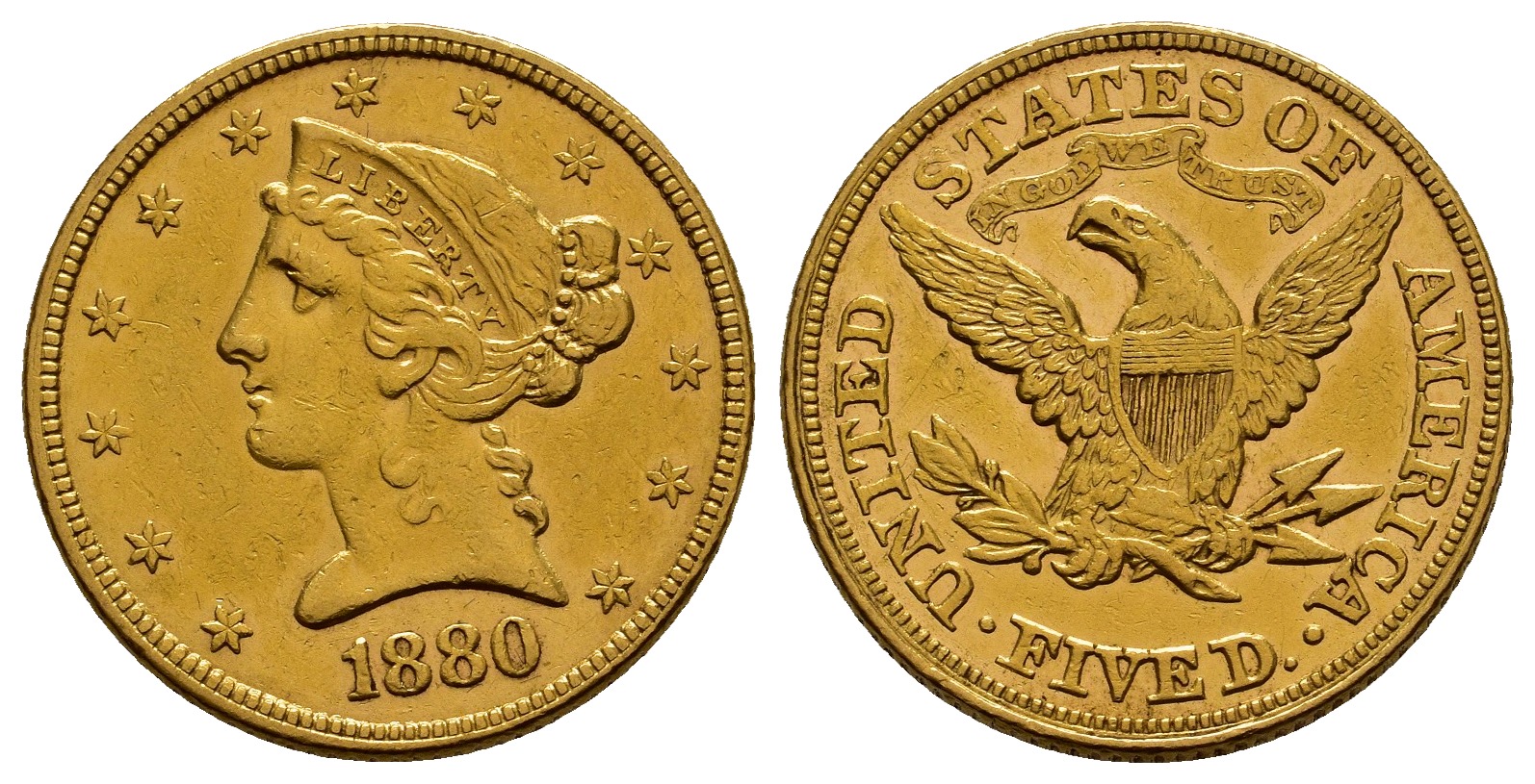 PEUS 1144 USA 7,52 g Feingold. Coronet Head 5 Dollars GOLD 1880 Sehr schön