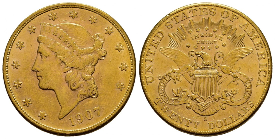 PEUS 1147 USA 30,1 g Feingold. Coronet Head 20 Dollars GOLD 1907 S Kl. Kratzer, Sehr schön / Vorzüglich