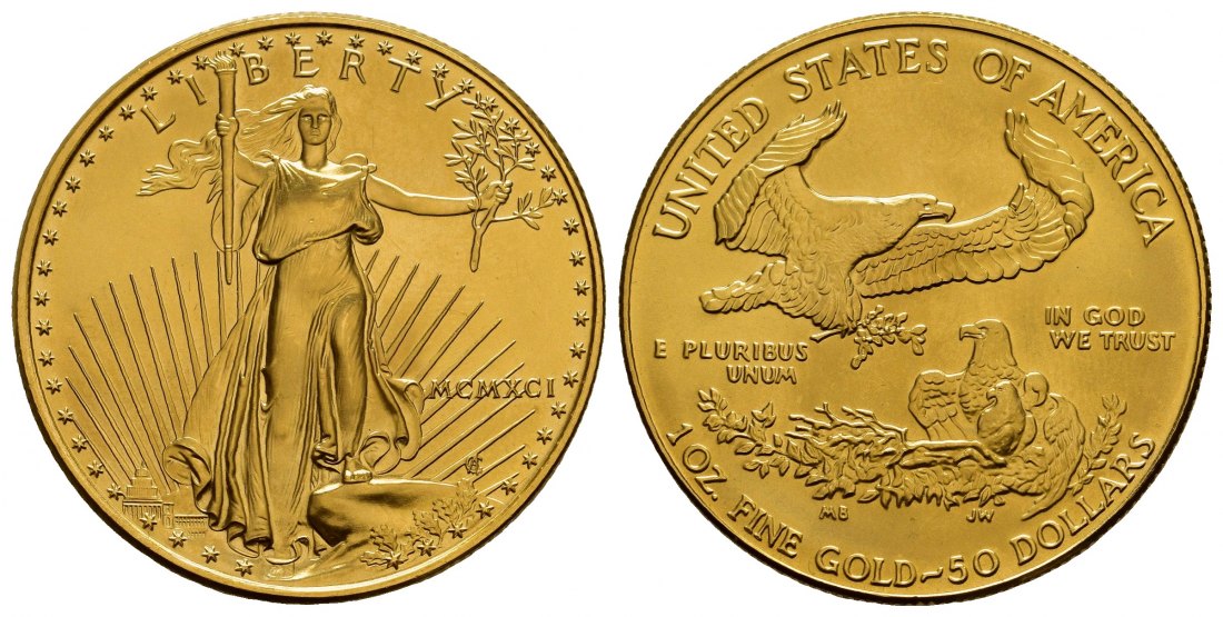 PEUS 1148 USA 31,1 Feingold 50 Dollars GOLD Unze 1991 Winzige Kratzer, fast Stempelglanz