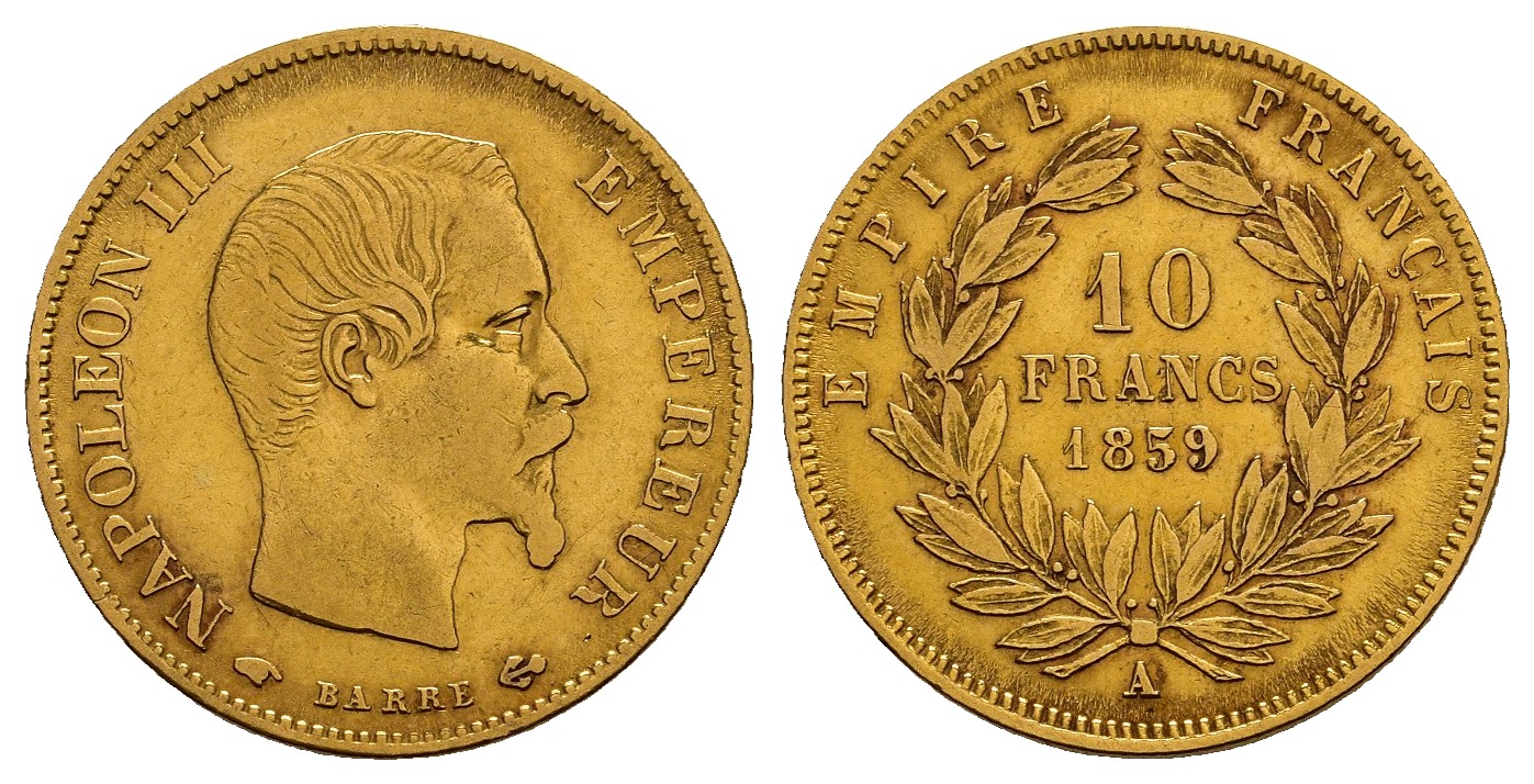 PEUS 1153 Frankreich 2,90 g Feingold. Napoleon III. (1852-1870) 10 Francs GOLD 1859 A Sehr schön