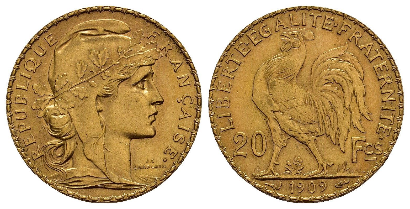 PEUS 1154 Frankreich 5,81 g Feingold. Marianne 20 Francs GOLD 1909 Kl. Kratzer, fast Vorzüglich