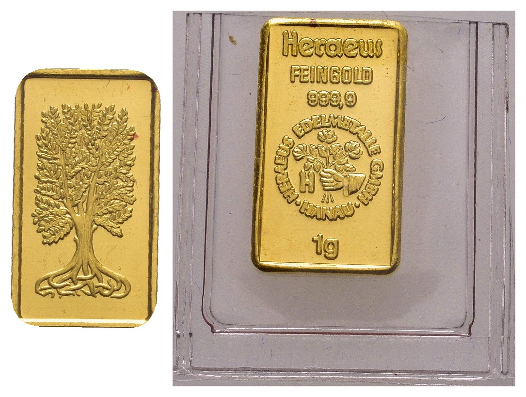 PEUS 1149 BRD, Hanau 1 g Feingold. Heraeus / Baum Barren GOLD 1 g o.J. Proof