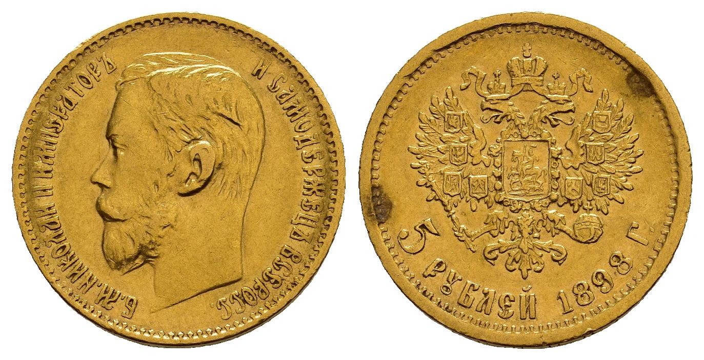 PEUS 1159 Russland 3,87 g Feingold. Zar Nikolaus II. (1894 - 1917) 5 Rubel GOLD 1898 AG Fassungsspuren, Sehr schön