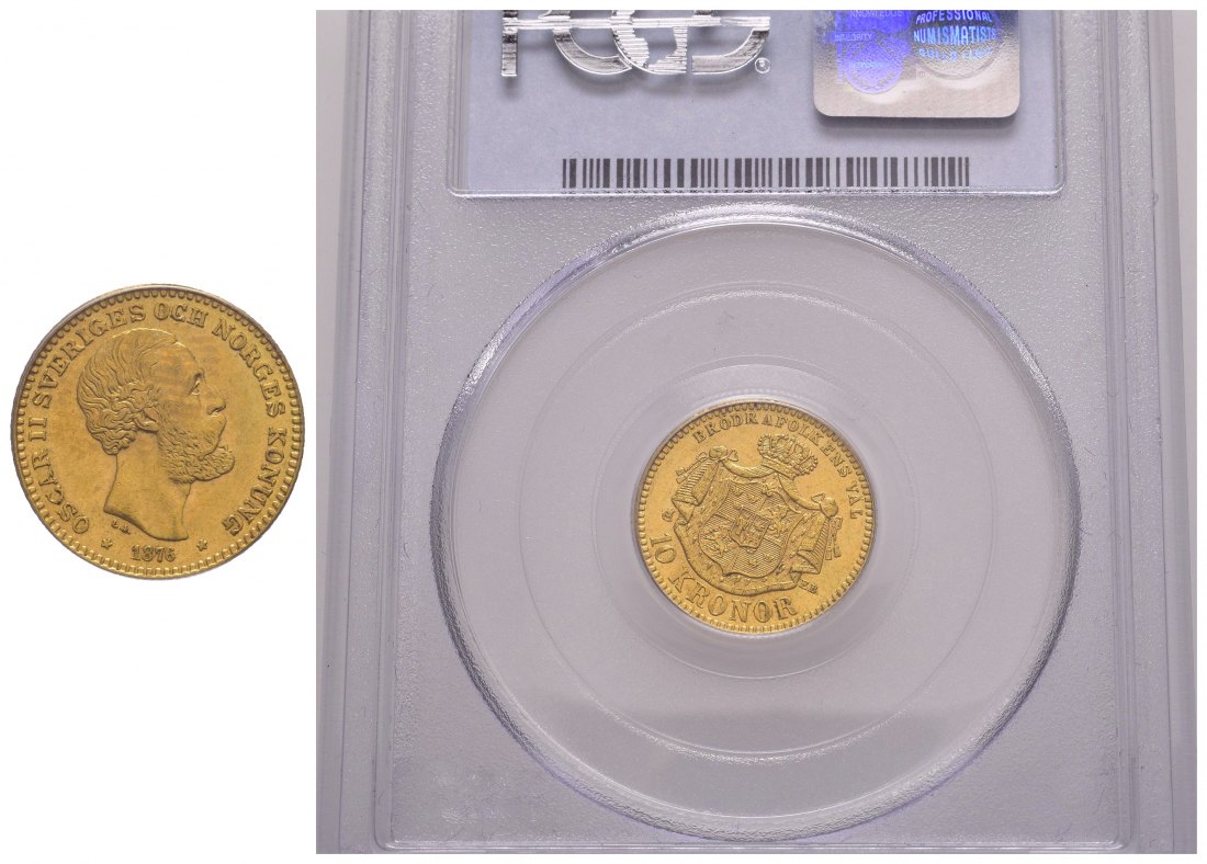 PEUS 1165 Schweden + Norwegen 4,03 g Feingold. Oscar II. 10 Kroner GOLD 1876 EB Vorzüglich/AU58(PVC-Rahmen von PCGS)