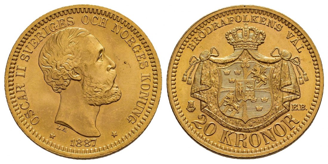 PEUS 1166 Union Schweden & Norwegen 8,06 g Feingold. Oscar II. (1872 - 1905) 20 Kroner GOLD 1887 EB Kl. Kratzer, fast Stempelglanz