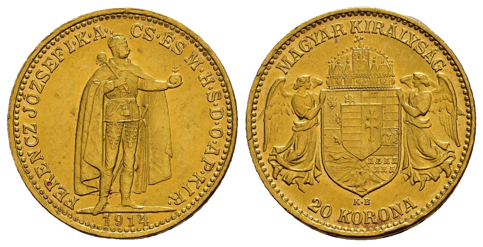 PEUS 1168 Ungarn 6,1 g Feingold. Franz Joseph I. (1848 - 1916) 20 Kronen GOLD 1914 KB Kremnitz Sehr schön