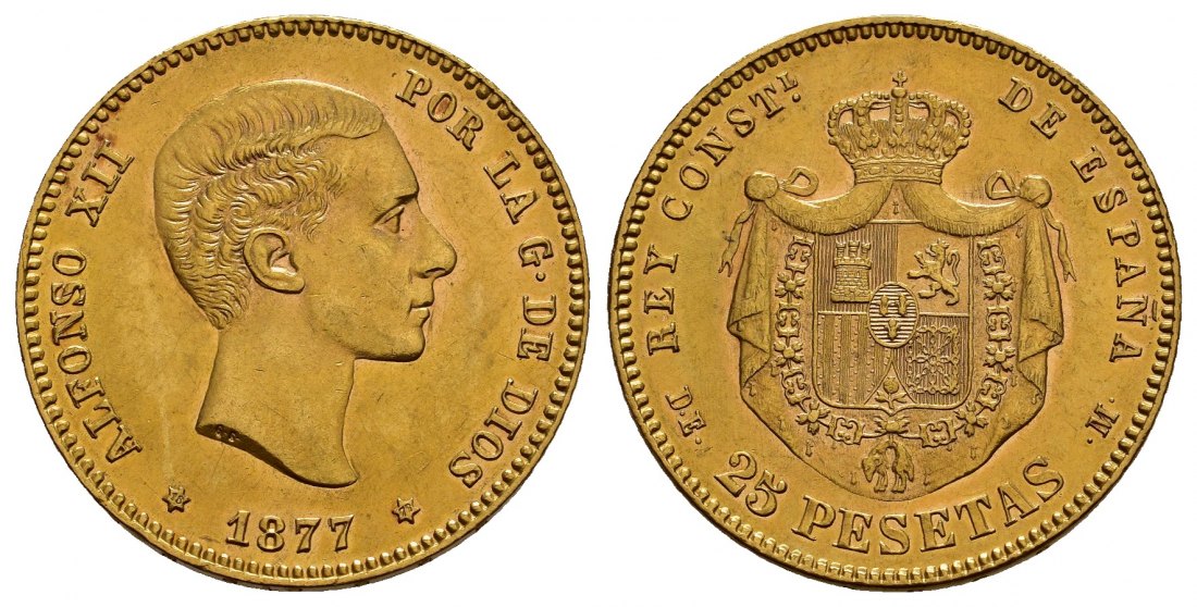 PEUS 1170 Spanien 7,26 g Feingold. Alfons XII. (1874 - 1885) 25 Pesetas GOLD 1877 (18.76)DE-M Sehr schön