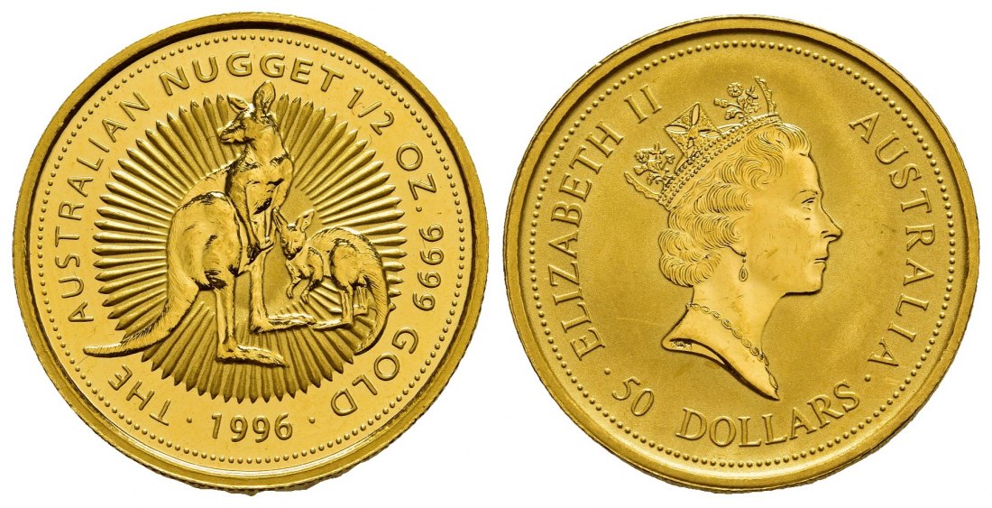 PEUS 1172 Australien 15,55 g Feingold. Zwei Kängurus 50 Dollars GOLD 1/2 Unze 1996 Almost Uncirculated