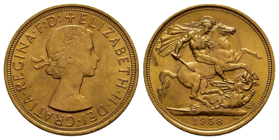 PEUS 1179 Grossbritannien 7,32 g Feingold. Elizabeth II. (1952 - 2022) Sovereign GOLD 1958 Vorzüglich