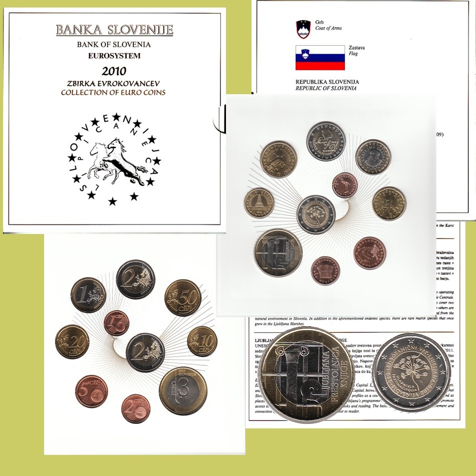 KMS Slowenien Ljubljana 2010 10 Münzen mit 2€- und 3€-Sondermünze Münzen nur im Folder!!   