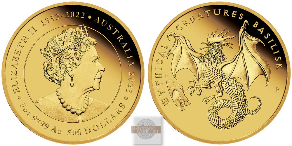 Australien MM-Frankfurt Feingold: 155,5g 500 Dollar-Mythical Creatures-Basilisk 2023