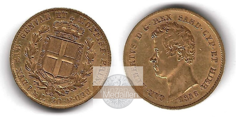 Sardinien MM-Frankfurt Feingold: 5,81g 20 Lire 1836 