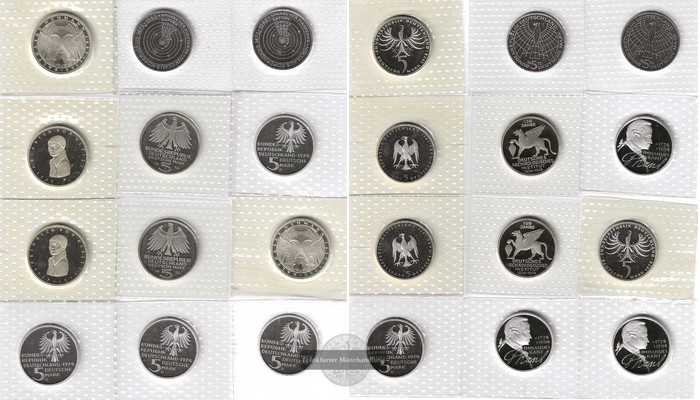  Deutschland 25 x 5 DM Gedenkmünzen PP 1970-1978 FM-Frankfurt Feingewicht: 175g   