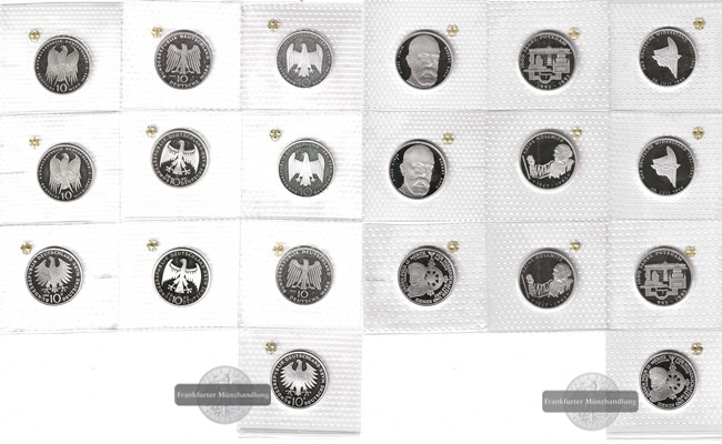  Deutschland 10 x 10 DM  verschiedene 1992-1994 Gedenkmünzen FM-Frankfurt Feinsilber: 96,87g   