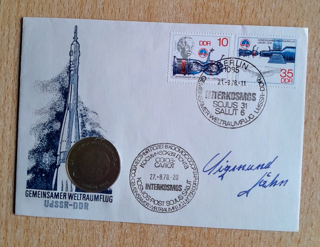  Numisbrief Weltraumflug+10 Mark DDR 1978 mit Sojus Bordstempel und Original Unterschrift S.Jähn RAR   