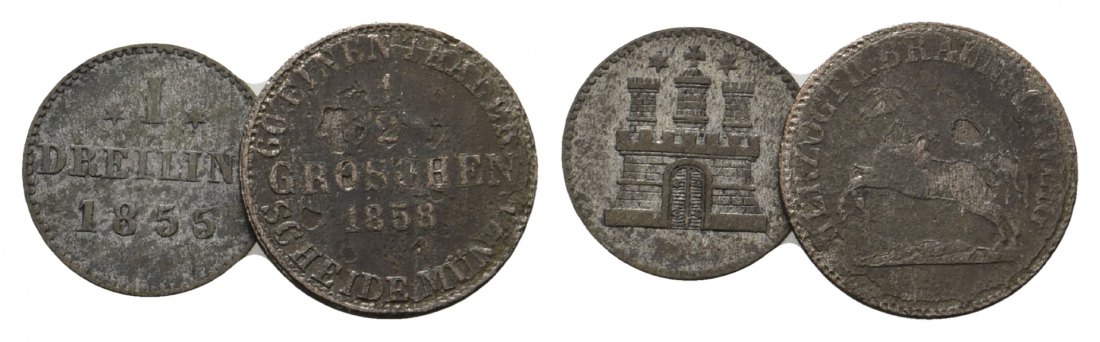  Altdeutschland; 2 Kleinmünzen 1855 /1858   
