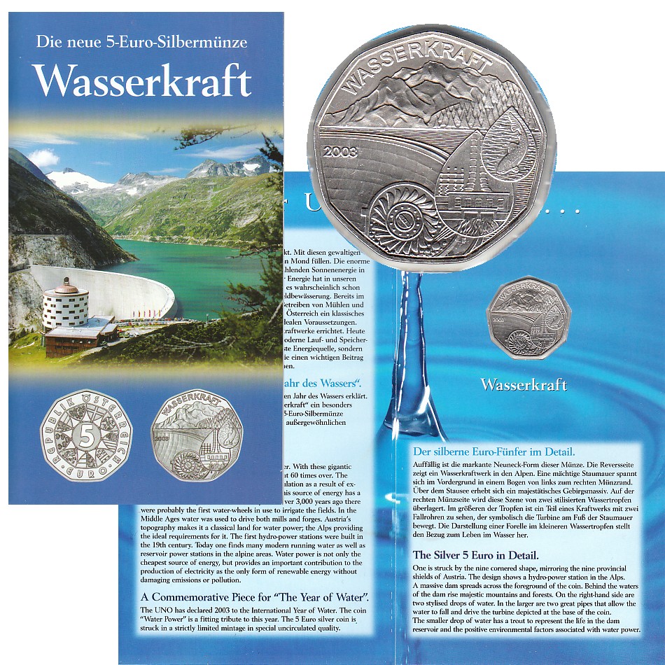  Offiz. 5-Euro-Silbermünze Österreich *Internationales Jahr des Süsswassers* 2003 *hgh*   