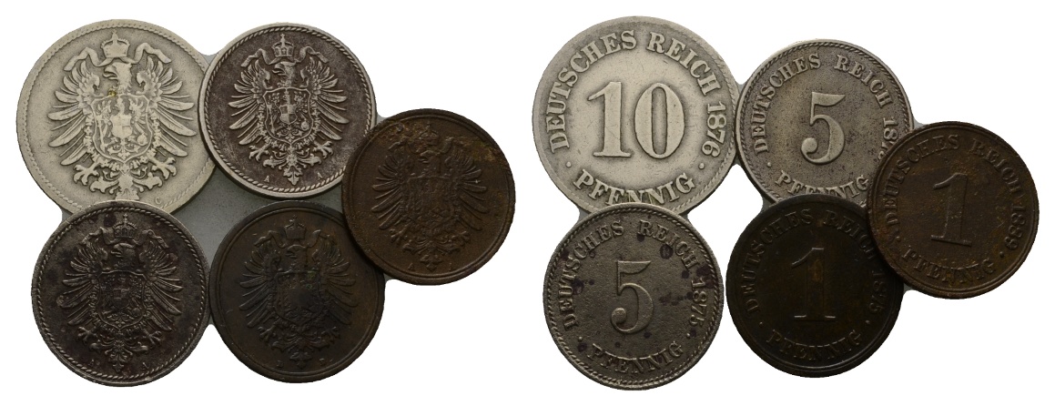  Deutsches Reich; 5 Kleinmünzen 1874-1880   