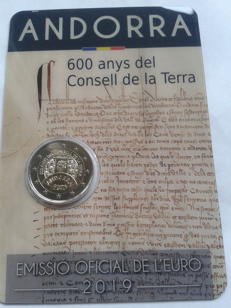 Original 2 euro 2019 Andorra Erdkreis 600. Jahrestag Conseil del terra in coincard
