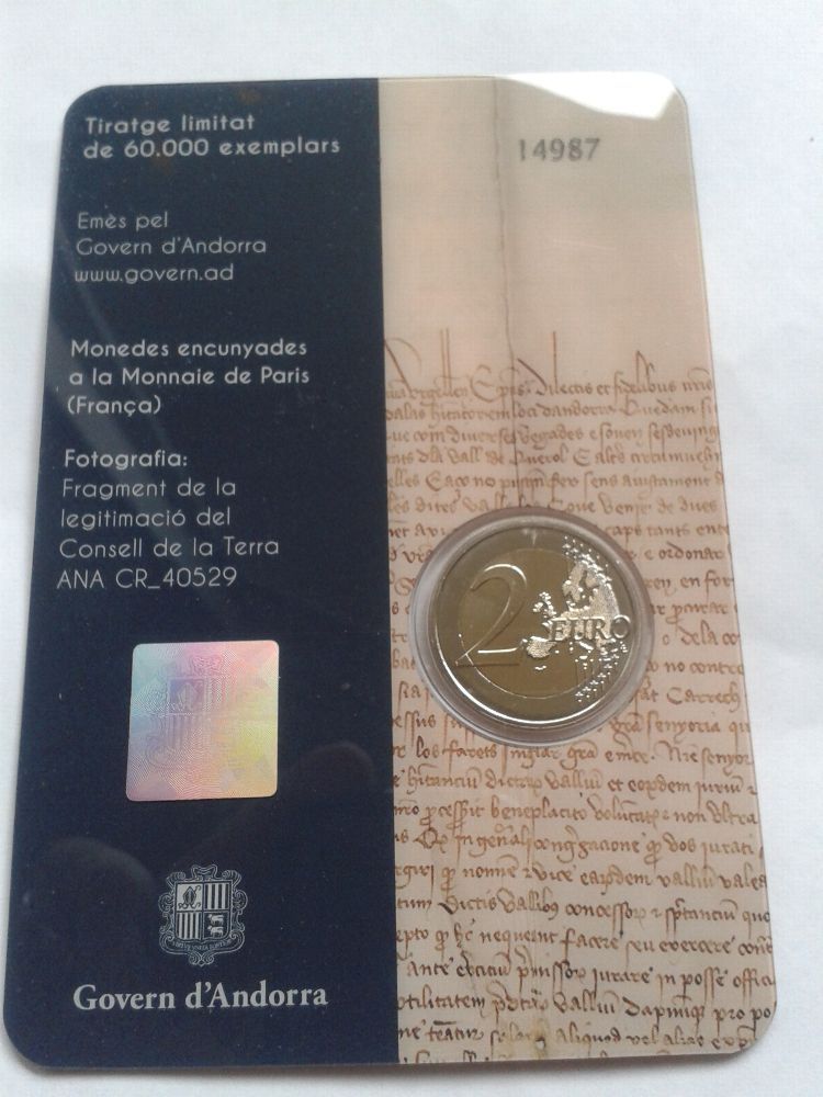  Original 2 euro 2019 Andorra Erdkreis 600. Jahrestag Conseil del terra in coincard   