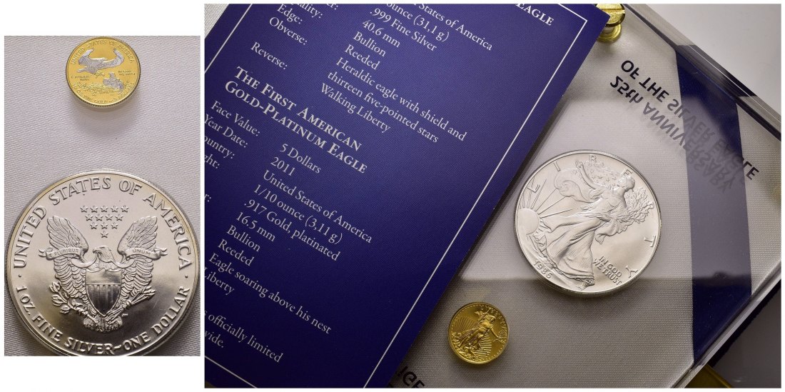PEUS USA 31,1 g Feinsilber + 3,11 g Feingold incl. Originalverpackung + Zertifikat Eagle Jubilee Prestige Set (2 Münzen) 2011 Uncirculated (Acrylrahmen)