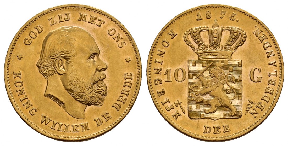PEUS 1185 Niederlande 6,06 g Feingold. Wilhelm III. (1849 - 1890) 10 Gulden GOLD 1875 Utrecht Vorzüglich
