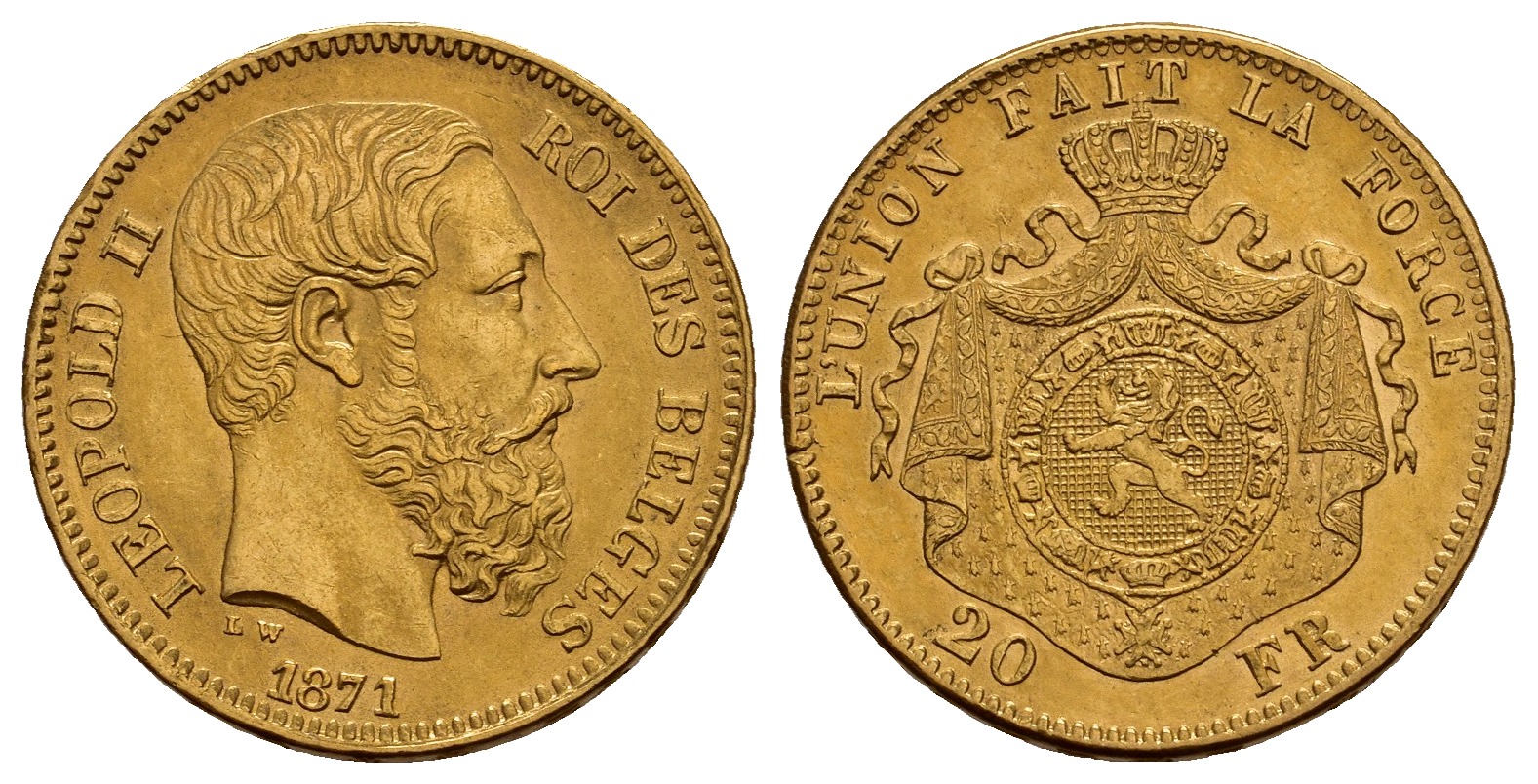 PEUS 1186 Belgien 5,81 g Feingold. Leopold II. (1865-1909) 20 Francs GOLD 1871 Vorzüglich