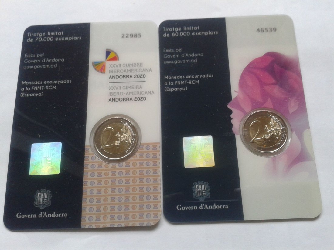  Original 2 x 2 euro 2020 Andorra Frauenwahlrecht und iberoamerikanischer Gipfel in coincards   