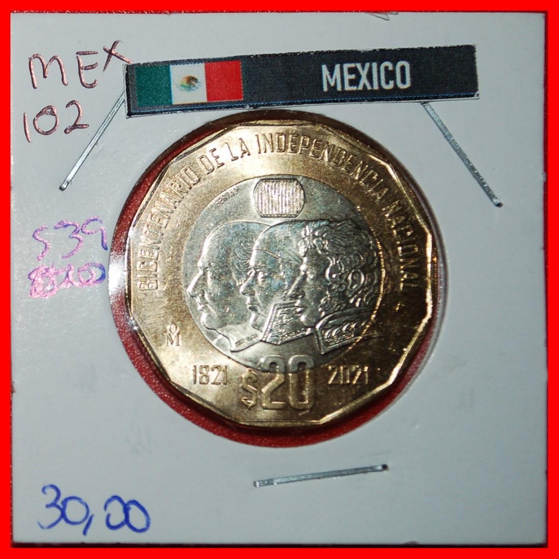  * FREEDOM: MEXICO ★20 PESOS 1821-2021! UNC MINT LUSTRE BI-METALLIC! IN HOLDER★LOW START★ NO RESERVE!   