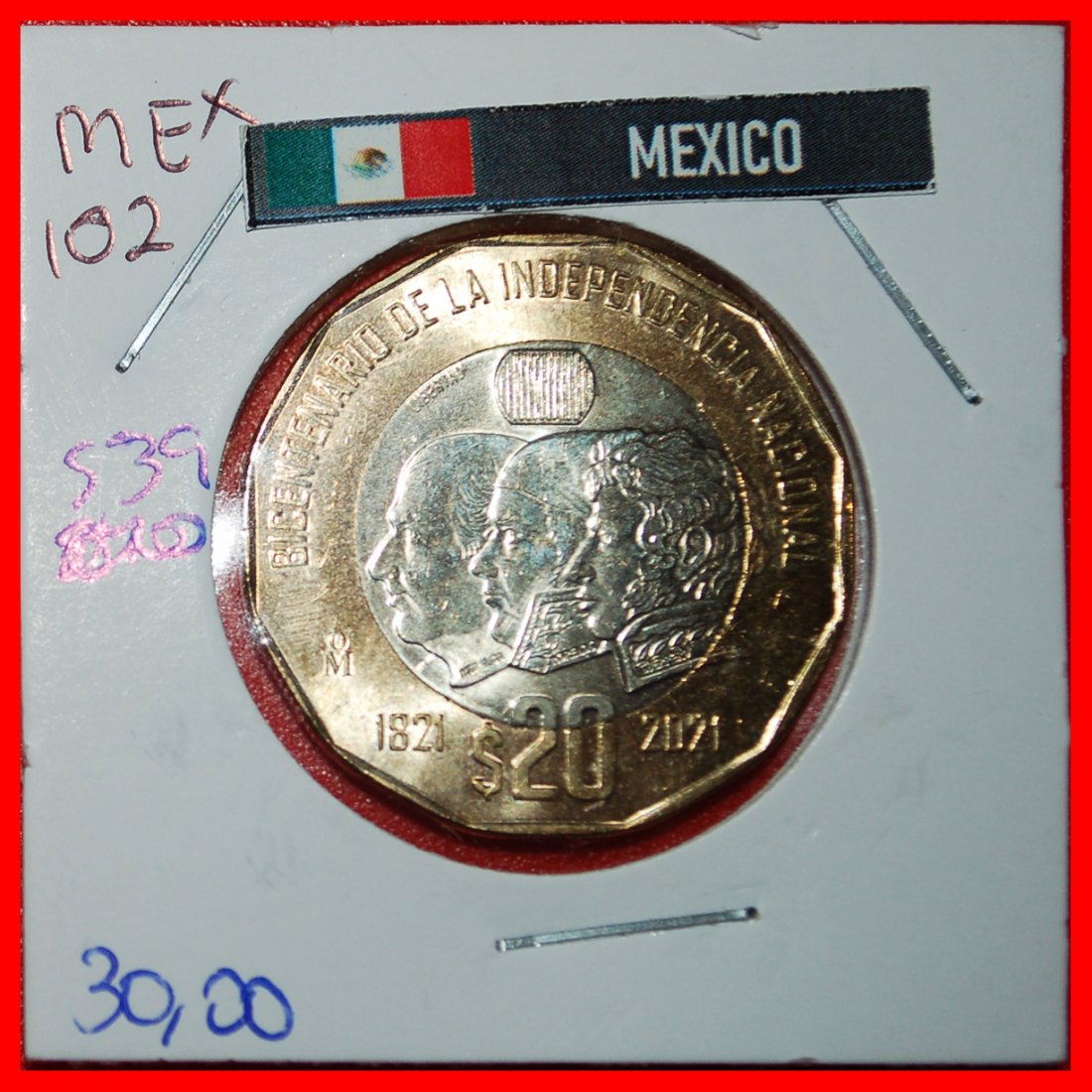 * FREIHEIT: MEXIKO ★ 20 PESO 1821-2021! STG STEMPELGLANZ BIMETALLISCH! IN PACKUNG! ★OHNE VORBEHALT!