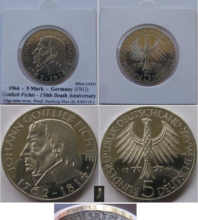  1964, Deutschland-Bundesrepublik-5 Mark (J): Gottlieb Fichte, Silbermünze (Münzstätte Fehler)   