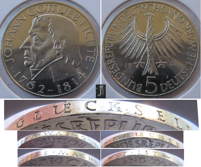  1964, Deutschland-Bundesrepublik-5 Mark (J): Gottlieb Fichte, Silbermünze (Münzstätte Fehler)   
