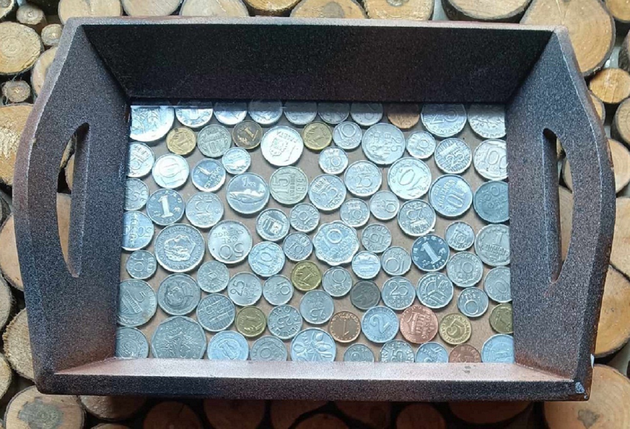  Münztablet Holz mit Weltmünzenmischung unterm Glas 180x255mm NEU   