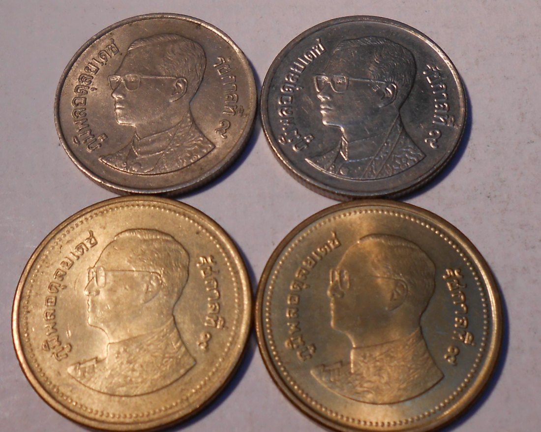  M.2.Thailand, 4er Lot, 1 Baht 1992 und 1994 sowie 2 Baht 2013 und 2013   