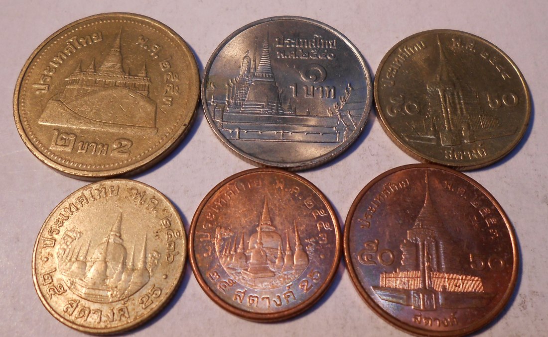  M.3.Thailand, 6er Lot,25 Satang 1993+2010, 50 Satang 2001+2010, 1 Baht 1997 + 2 Baht 2010   